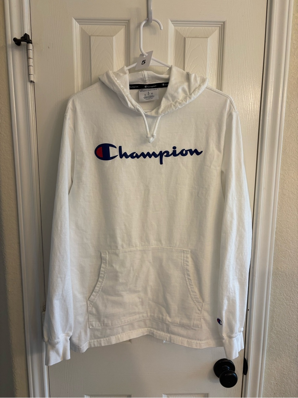 Champion White Hooded Long Sleeve T-Shirt Embroidered Logo Lightweight Size L